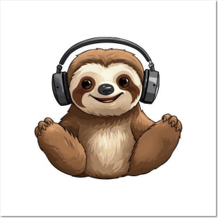 Cute Sloth Wearing Headphones Posters and Art